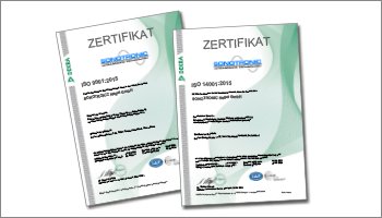 Die Prozesse der SONOTRONIC Nagel GmbH wurden nach DIN EN ISO 9001 Qualitätsmanagement (QM) und DIN 14001 Umweltmanagement (UM) auf den Prüfstand gestellt und von der DEKRA erfolgreich bestätigt.